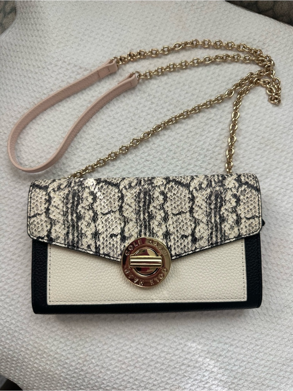 Cole Haan Cream, Black & Snakeskin-Print Crossbody with Gold Chain